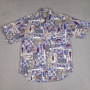 Vintage Straight Down Hawaiian Shirt Mens Large Blue Button Up USA Made‎ Fish